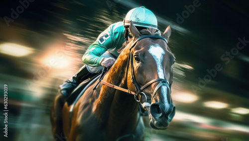 Jockey Rider on Horse Racing. Speeding Towards Success in Equestrian Sport. Action Packed Competition on Turf Track. Gambling, Betting, and Thrills Await. © remake