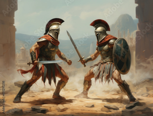 Fight of two Roman soldiers. Digital art.