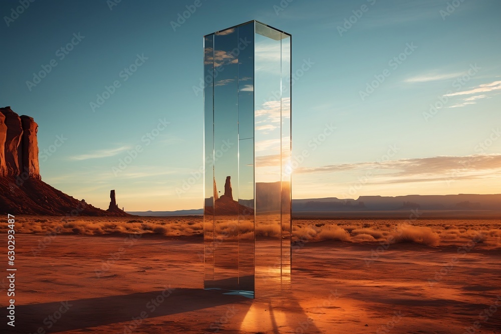 Desert landscape with sand water and spiral mirror under the clear blue sky. Ai Generated