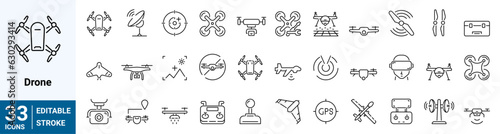 Drone, Quadrocopter line icons set. Fast delivery, remote control, propeller, city map navigation, action camera, radar screen, radio antenna. Collection of Outline Icons. Vector illustration.