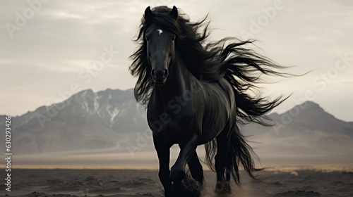 A high end portrait of horse, raising puffs of sandy dust. White and black portrait of a luxury horse with a fluttering mane. Generative Ai