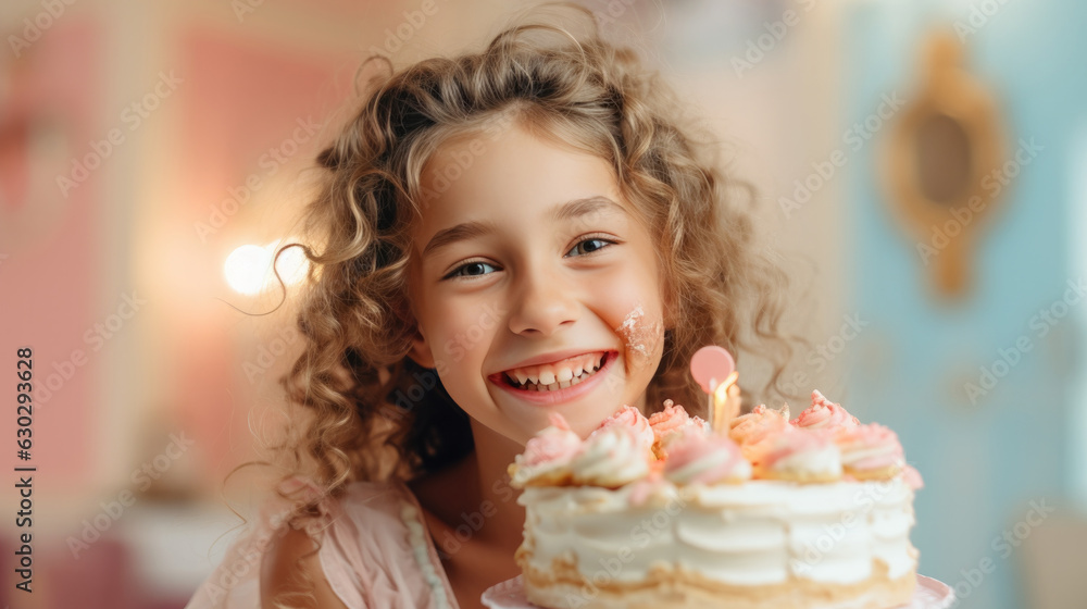 Closeups of a happy little girl holding her birthday cake to enjoy her party, Generative AI.