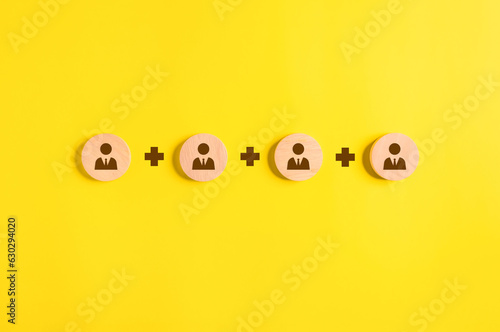 People employees icons on wooden blocks, Business and teamwork concept, Unity of company, Business corporation
