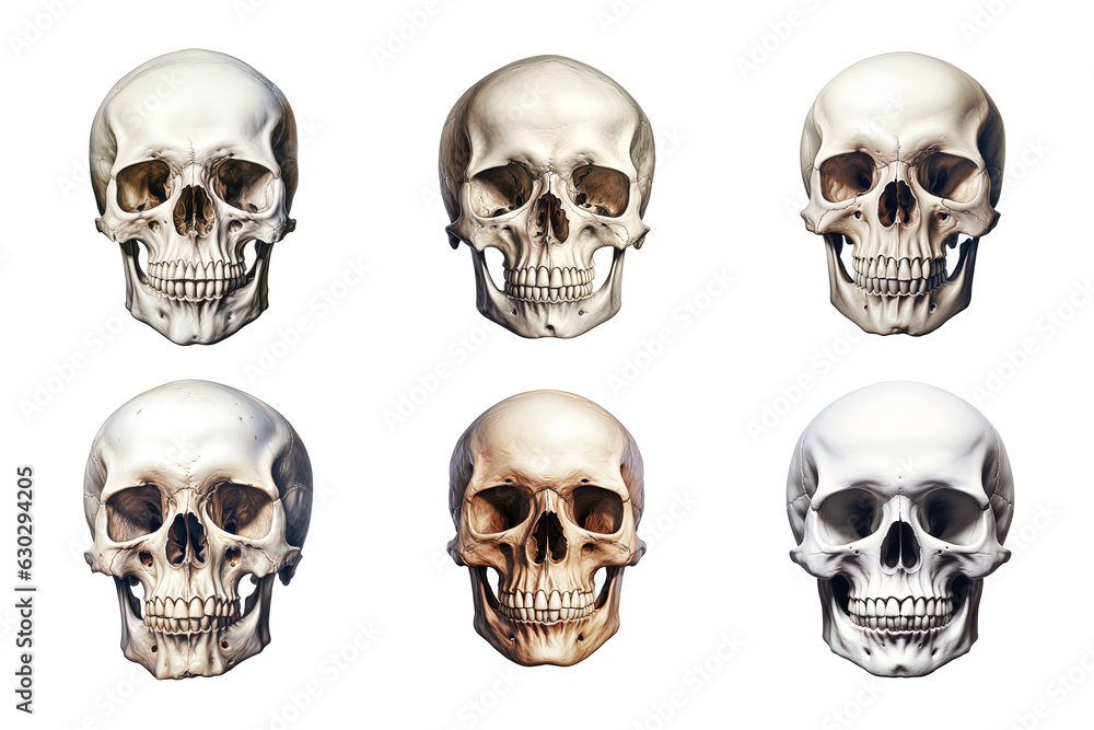 Front view of human skull collection isolated on transparent background Front view of human skull collection isolated on transparent background