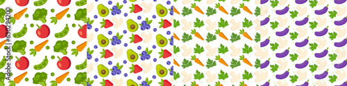 Set of four bright seamless patterns with vegetables, fruits. For printing, furniture, posters, postcards