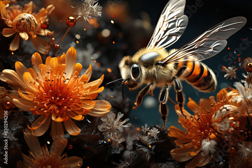 Close-up of furry bee on orange flower