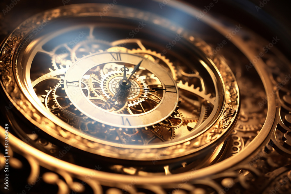 Golden yellow antique old clock spiral abstract fractal. Time spiral image.