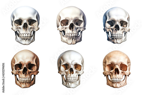 Front view of human skull collection isolated on transparent background