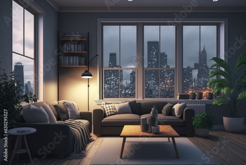 Living room interior with city view from window. generative ai