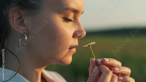 Woman sniffing chamomile. Beautiful girl enjoying nature on field at sunset, cinematic portrait of carefree person. Recreation or relax concept photo