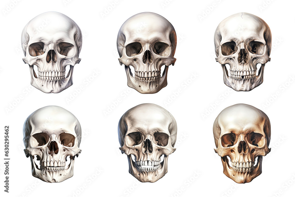 Front view of human skull collection isolated on transparent background Front view of human skull collection isolated on transparent background