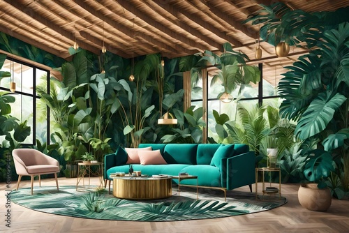landscape tropical living room pastel armchair birds trees forest jungle style green botanical trees plants leaves mockup frame for wall art image luxury sofa couch coffee table chair 3d