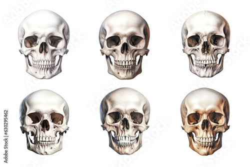 Obraz na płótnie Front view of human skull collection isolated on transparent background