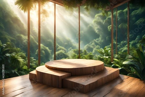 Product presentation with a wooden podium set amidst a lush tropical forest, enhanced by a vibrant green backdrop.3d rendering © sania