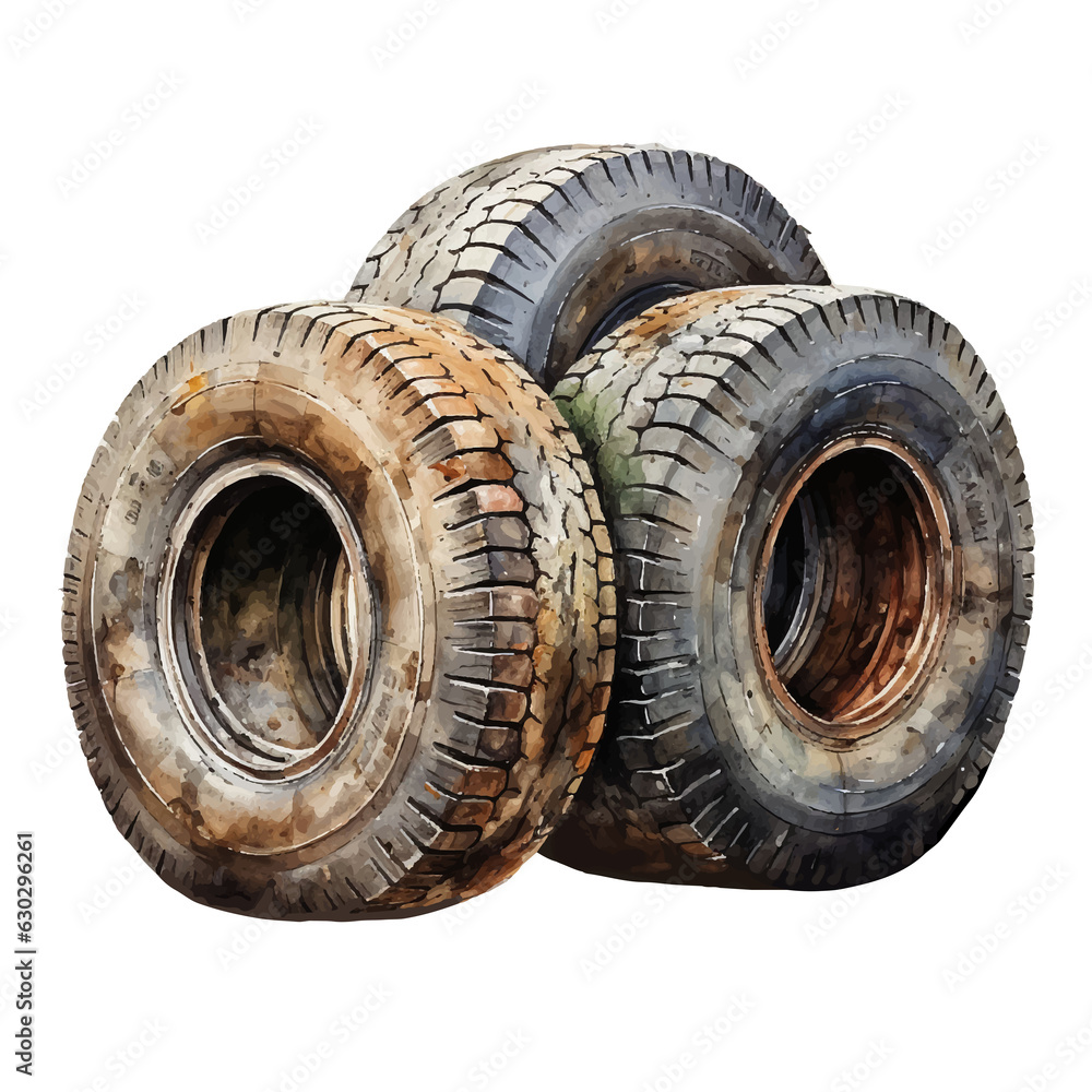 old tires waste watercolor illustration, generative AI
