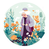 old lady in a garden, surrounded by lush plants and flowers