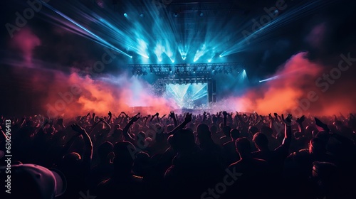 Group of people enjoying a concert, image from back, silhouettes people dancing having fun festival