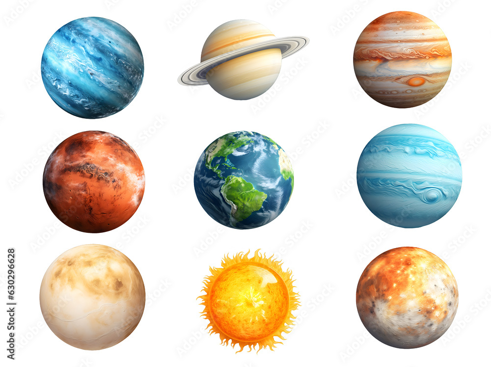 Solar system planets set, cut out isolated on transparent white background Solar system planets set, cut out isolated on transparent white background