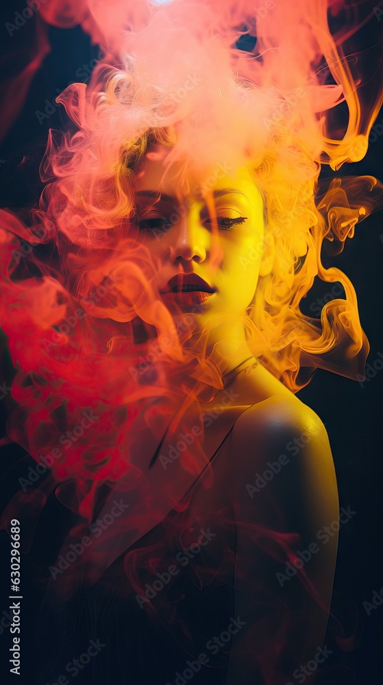 Emotive cinematic smoke woman portrait, cine still image, colorful