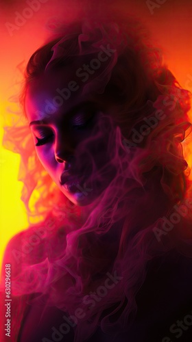 Emotive cinematic smoke woman portrait, cine still image, colorful