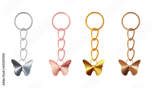 A set of copper or bronze, gold or brass, silver or steel, pink gold keychains in the shape of a butterfly. Metal key holders isolated on white background. Realistic vector illustration.
