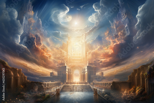 Photo the majestic gates of heaven as described in the Book of Revelation, adorned wit