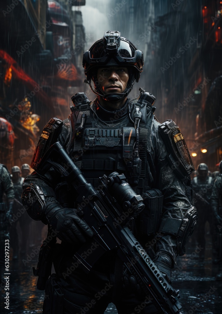 Naklejka premium futuristic special forces soldier in full armor - created using generative AI tools