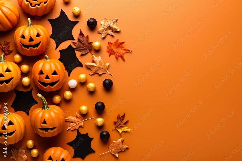 Fototapeta premium Halloween concept background composition with pumpkins spiders and sweet candies on orange background made with generative ai technology