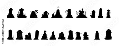 Black silhouette tombstone set flat cartoon isolated on white background. Vector illustration
