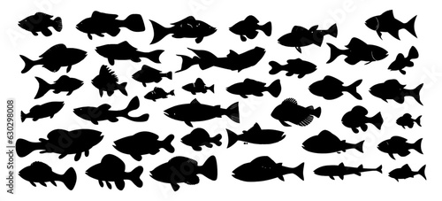 Black silhouette fish set isolated on white background. Vector illustration