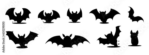 Black silhouette bat set isolated on white background. Vector illustration