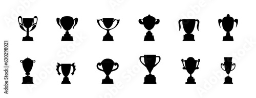 Black silhouette Trophy cup set isolated on white background. Vector illustration