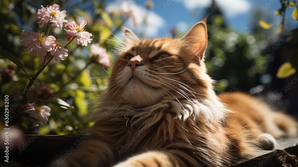 relaxed and happy cat gets pleasure basking in the spring sun