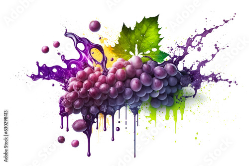 Grape cluster with green leaves on white background. Grapes juice splash. Generative AI
