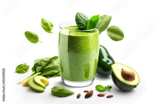 Delicious avocado, spinach and basil smoothie. Green smoothie in a glass on a white background. Generative AI