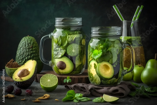 Green smoothie on dark background with green fruits, healthy eating, superfood. Generative AI