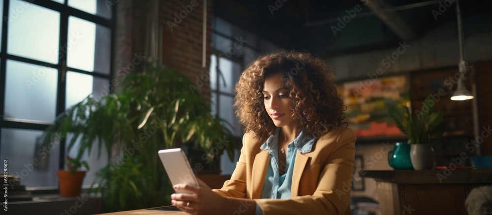 portrait of creative young adult businesswoman casual cloth using smartphone working in modern interior office smart successful attraction business achieve goal concept,ai generate