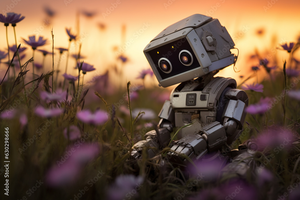 Robot in nature, discovers sunrise and flowers Robot in nature, discovers sunrise and flowers