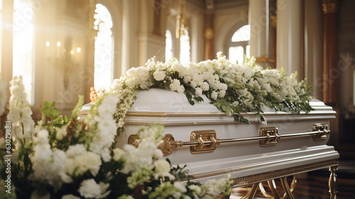 Funeral coffin church cathedral service floral decoration white flowers bouquets.  photo