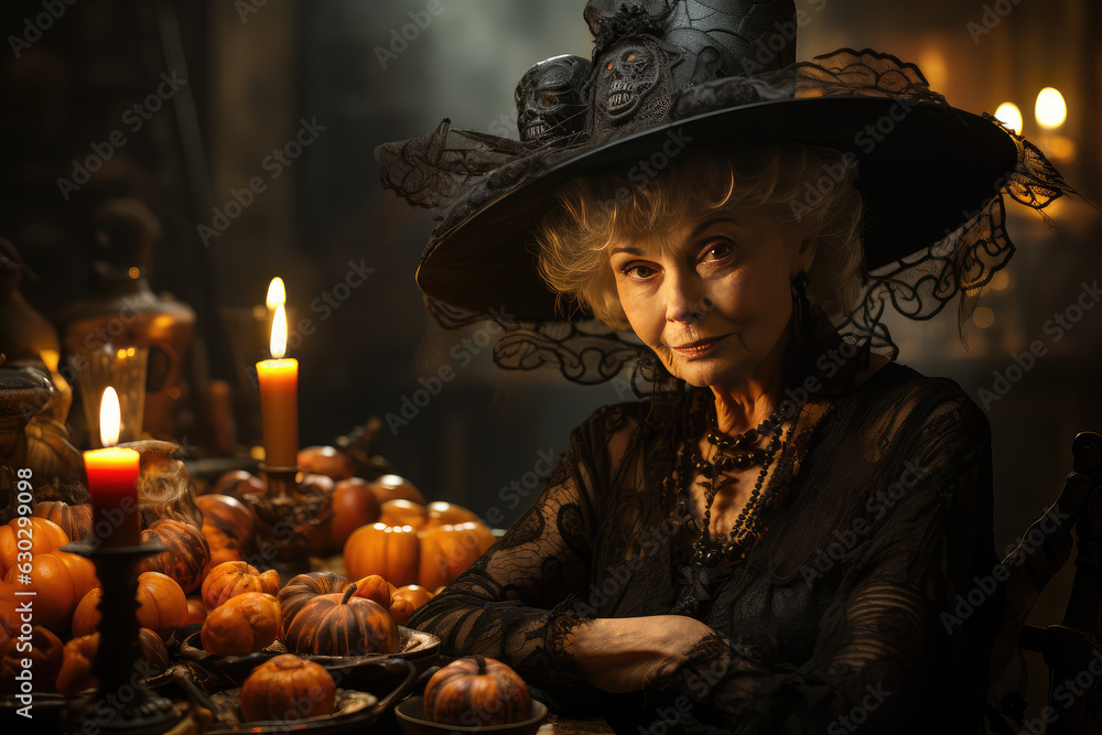 Halloween, starsza kobieta, wiedźma, klimatyczna atmosfera, wygenerowane przez AI Halloween, starsza kobieta, wiedźma, klimatyczna atmosfera, wygenerowane przez AI
