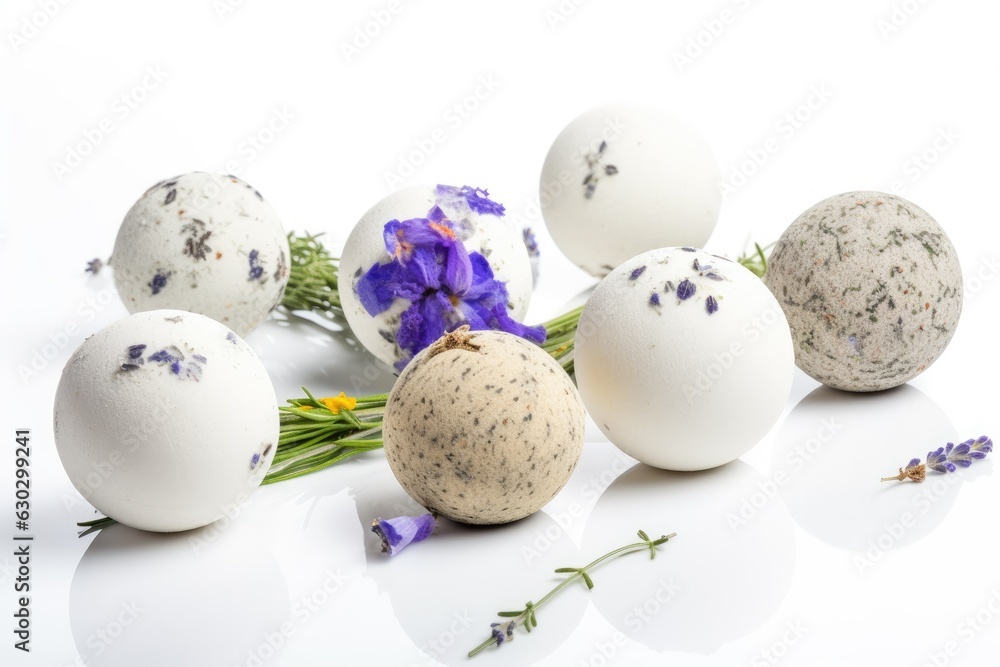 White background with flowers and lavender bath bombs. Generative AI
