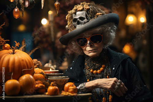 Leinwand Poster Halloween, starsza kobieta, wiedźma, klimatyczna atmosfera, wygenerowane przez A