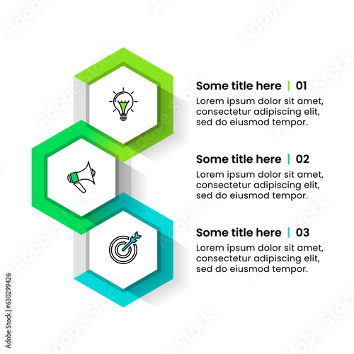 Infographic template. 3 connected hexagons with icons