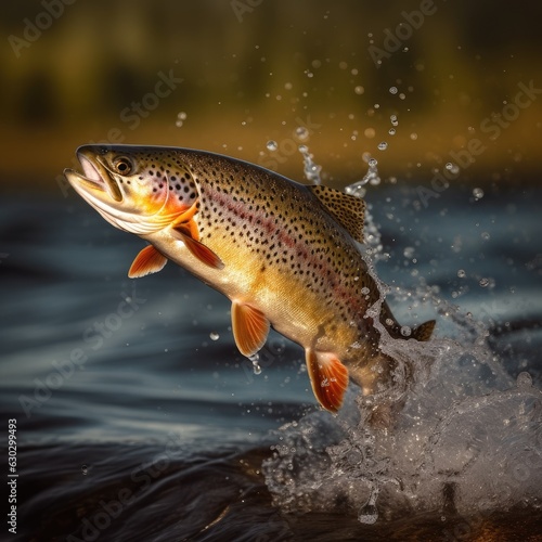 trout fish leaping out of the water in a river