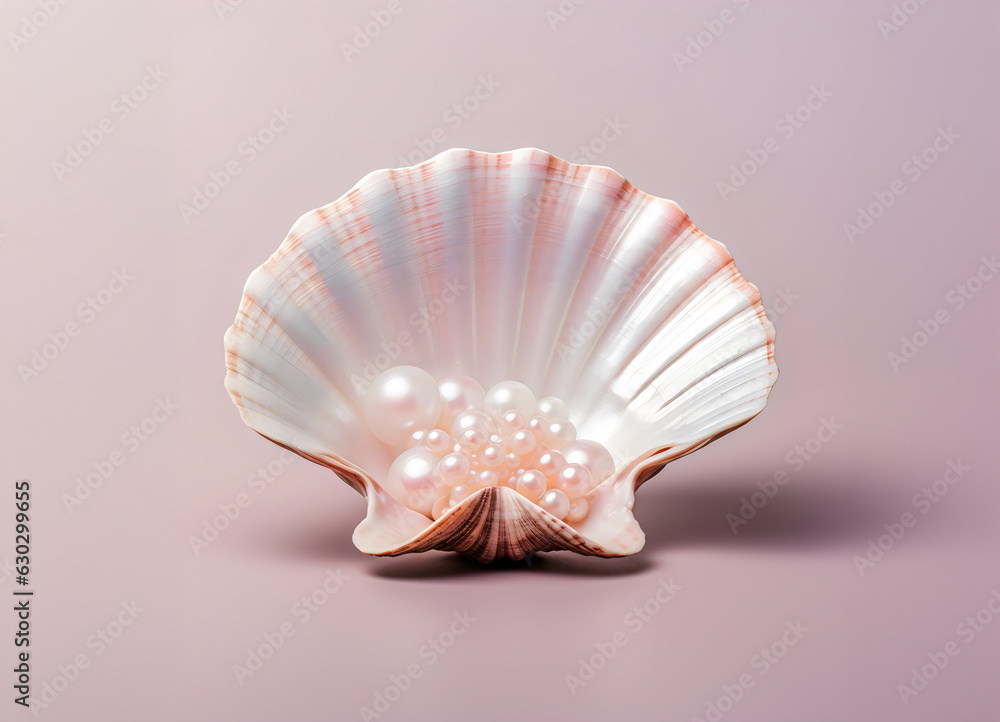 shell willed with pearls isolated on plain pink studio background shell willed with pearls isolated on plain pink studio background