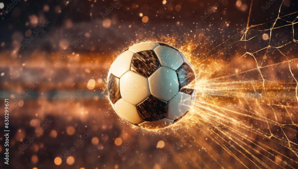 Fototapeta premium Soccer Ball into net. Scored Goal. Victory in the Game of Football. Sporting Entertainment and Athletic Joy on the Turf. Success in the League. Exciting Moment for the Team and Fans.