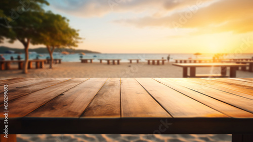 Beautiful outdoor wooden rustic empty table podium mockup product display on a beach seaside sunset ocean view.