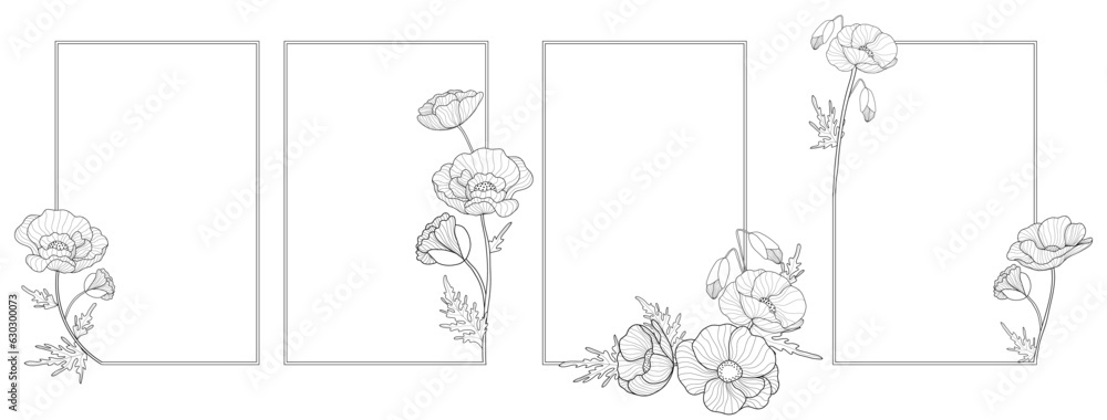 Set of romantic vertical rectangle frame with outline poppies. Floral design for labels, branding business identity, wedding invitation. Vector illustration. Set of romantic vertical rectangle frame with outline poppies. Floral design for labels, branding business identity, wedding invitation. Vector illustration.