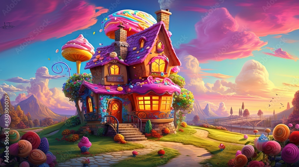 Φωτογραφία illustration of candy house, dessert home village in colorful pastel tone color,