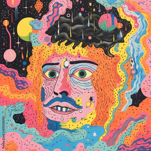 psychedelic face in pastel stylized modern zine illustration